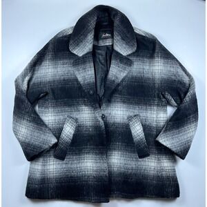 Sam Edelman Womens XL Erin Plaid Preppy Coat Black Grey Fuzzy Textured Jacket